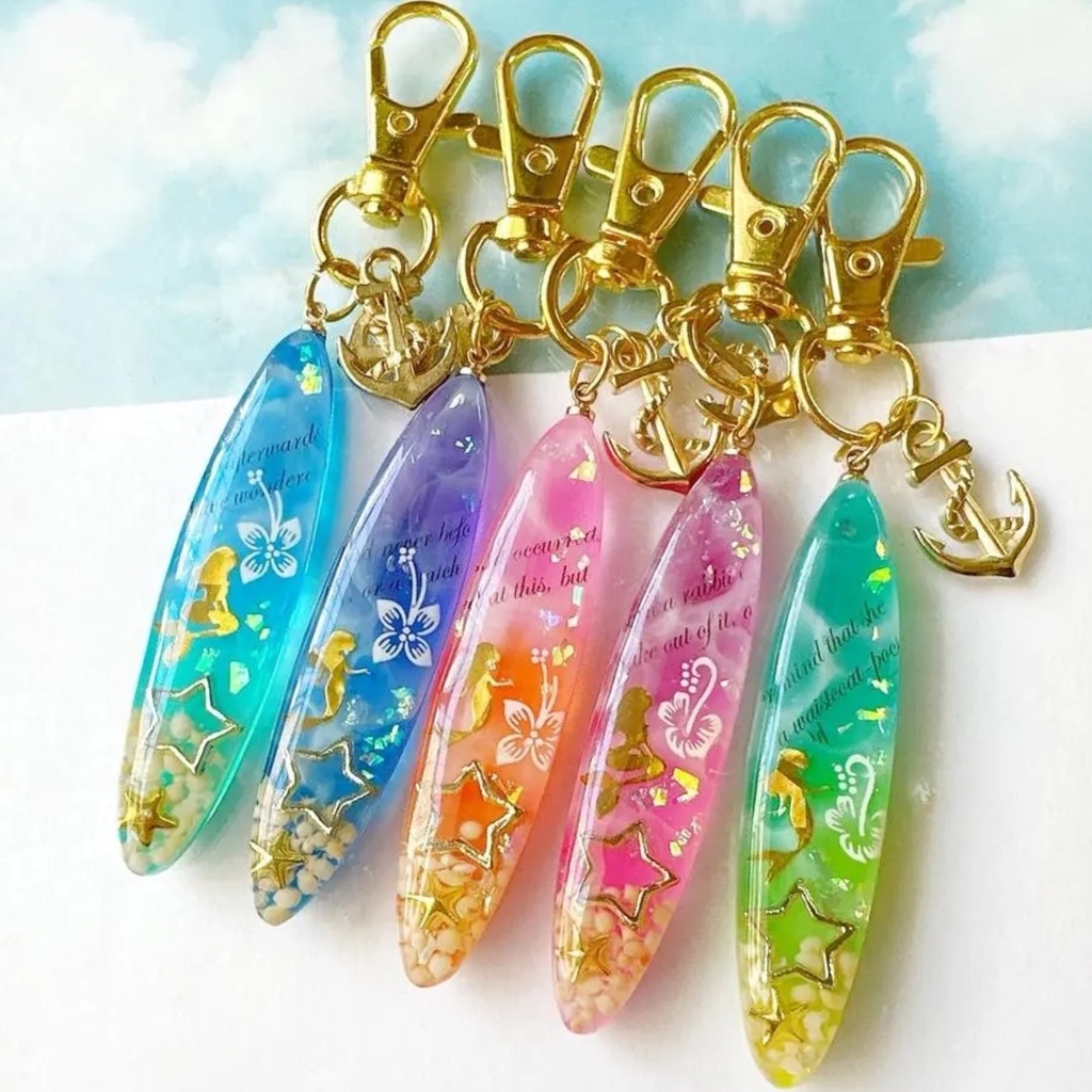 【5カラー】 南国トロピカル 色彩の海 人魚 ミニサーフ型 レジンキーホルダー レジンネックレス ペンダント いかりチャーム付き【オーダー】