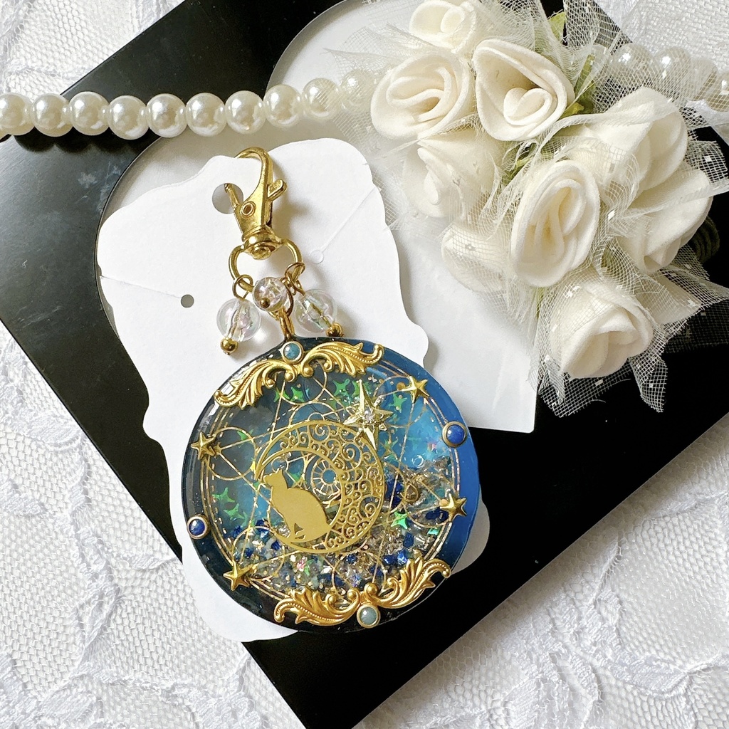 月夜の猫 - Chat de Lune - オイル入りシェイカー シャカシャカキーホルダー ラウンド型 丸型