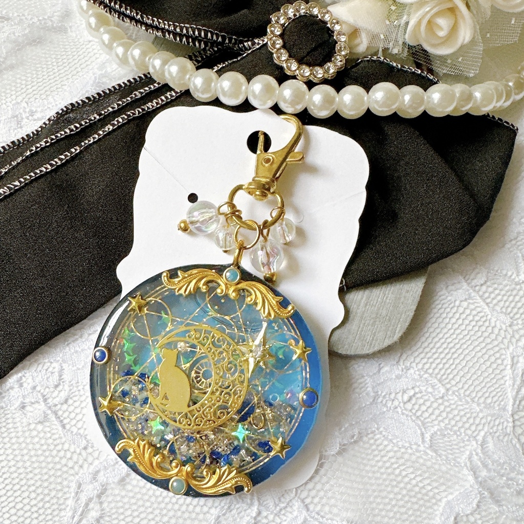 月夜の猫 - Chat de Lune - オイル入りシェイカー シャカシャカキーホルダー ラウンド型 丸型