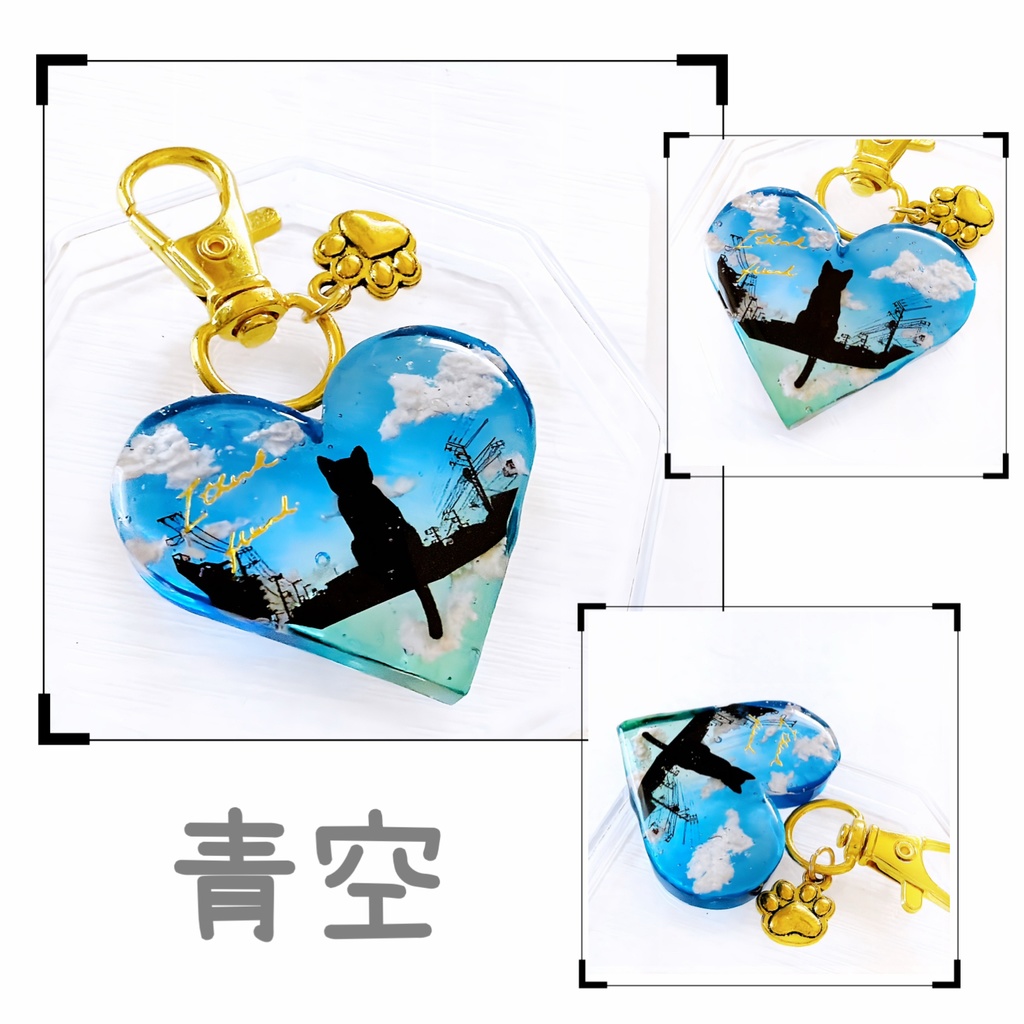 【選べる5カラー】小さな街の風景&黒猫さん 雲レジン ハート ネックレス キーホルダー