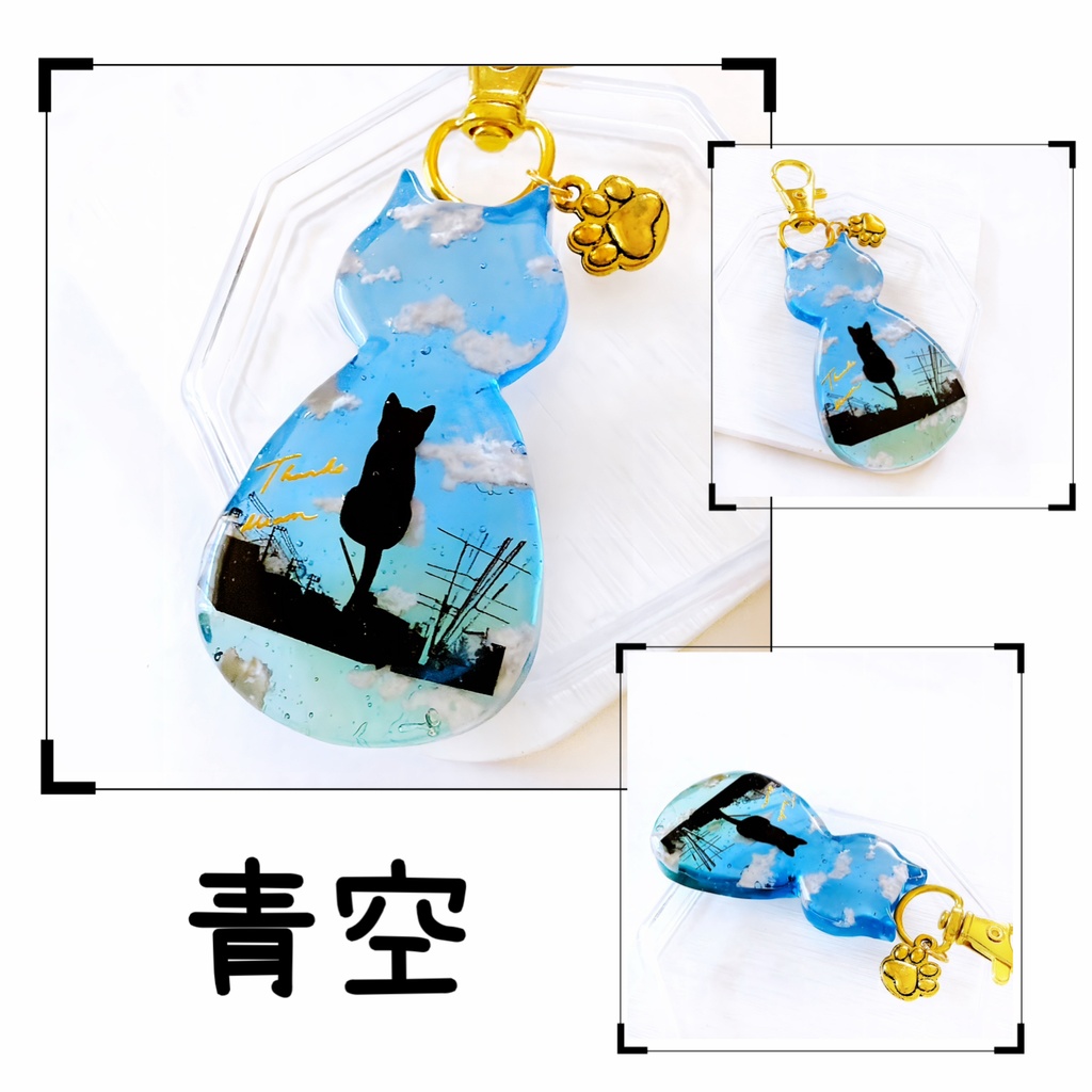 選べる5カラー ぽちゃ猫 小さな街の風景&黒猫 雲レジン ネックレス キーホルダー