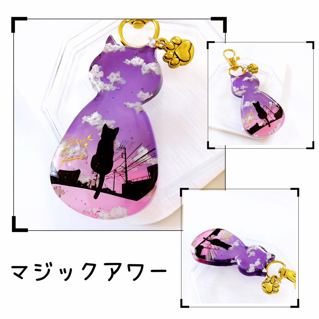 選べる5カラー ぽちゃ猫 小さな街の風景&黒猫 雲レジン ネックレス キーホルダー