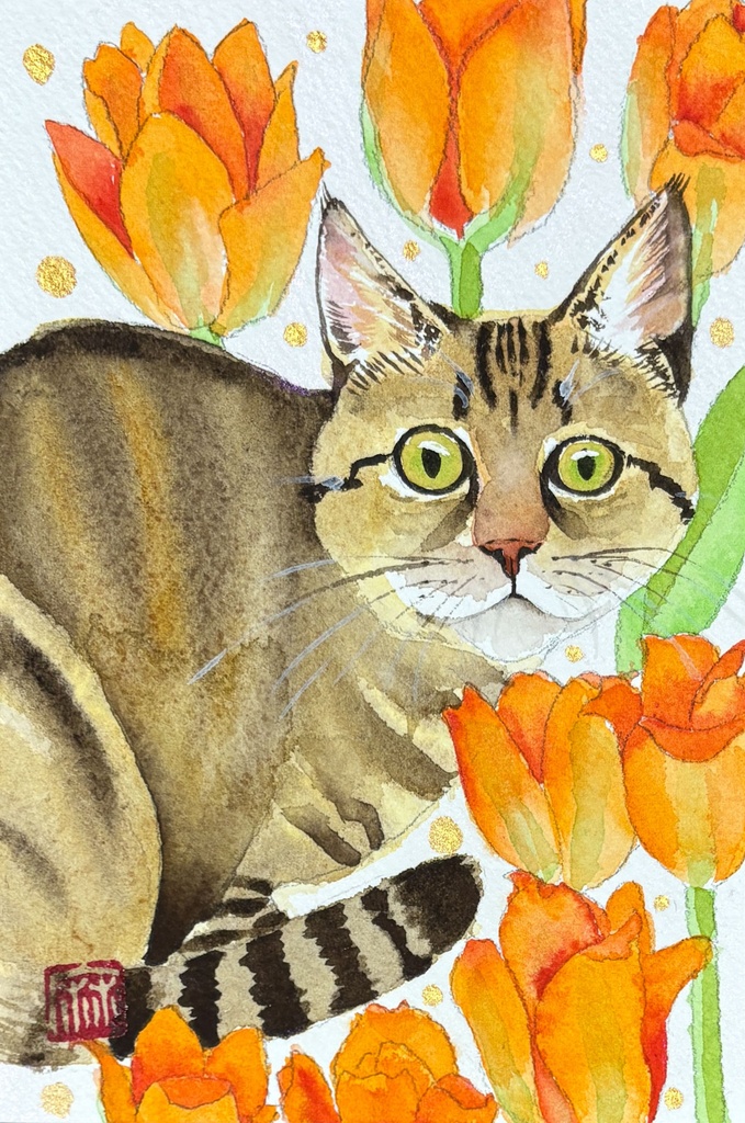 猫 チューリップ ハガキサイズ
