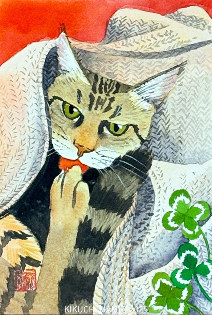 カーディガンに包まれる猫 ハガキサイズ
