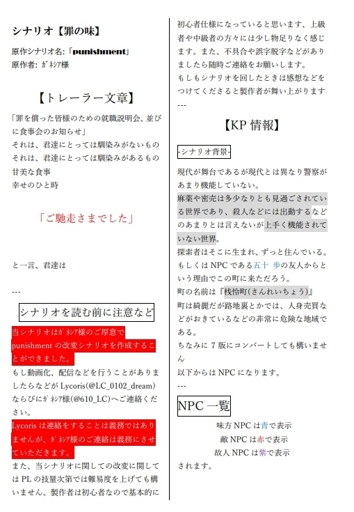 クトゥルフ神話TRPG「罪の味」