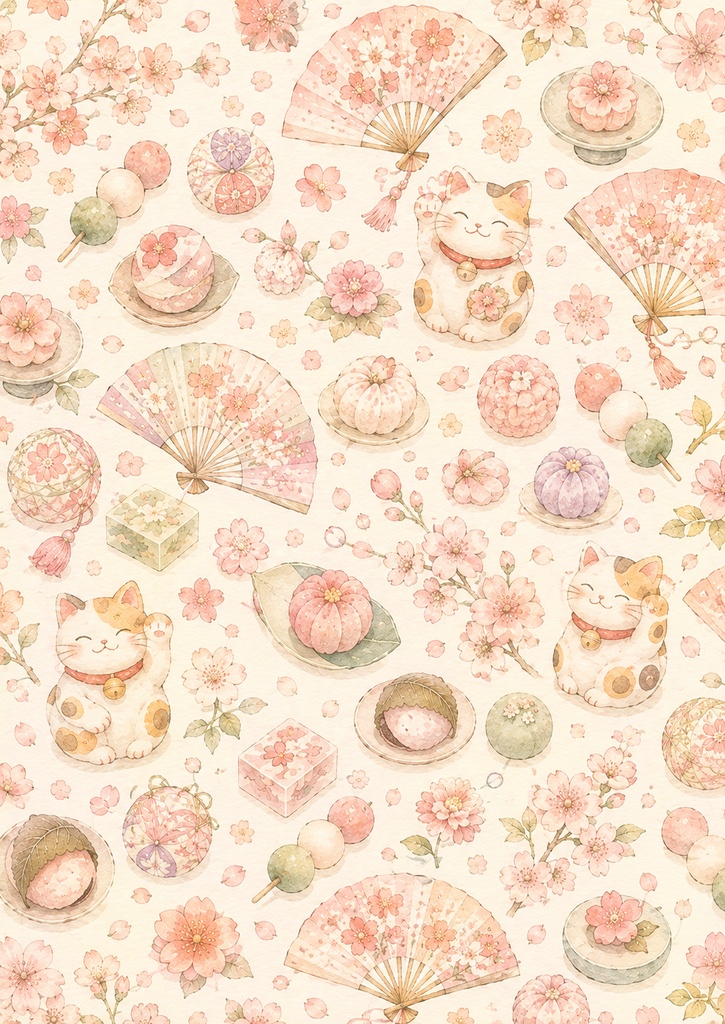 【11枚セット】和風かわいい水彩デジタルペーパー｜桜・招き猫・和菓子・抹茶・金魚｜PNG素材
