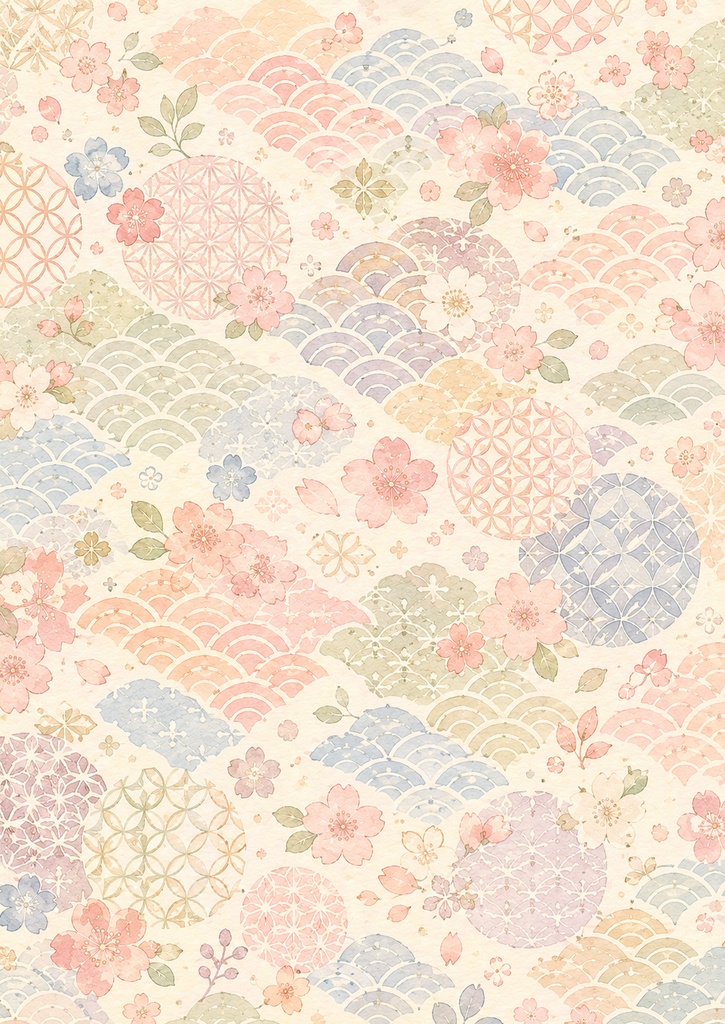 【11枚セット】和風かわいい水彩デジタルペーパー|桜・招き猫・和菓子・抹茶・金魚|PNG素材