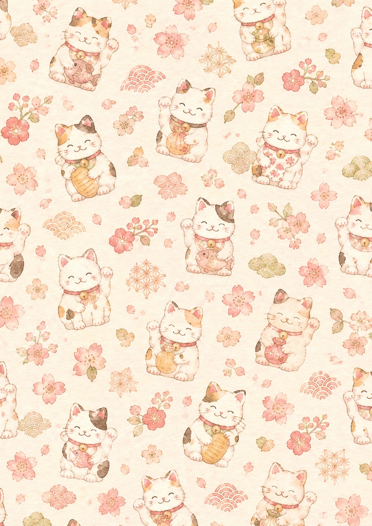 【11枚セット】和風かわいい水彩デジタルペーパー|桜・招き猫・和菓子・抹茶・金魚|PNG素材