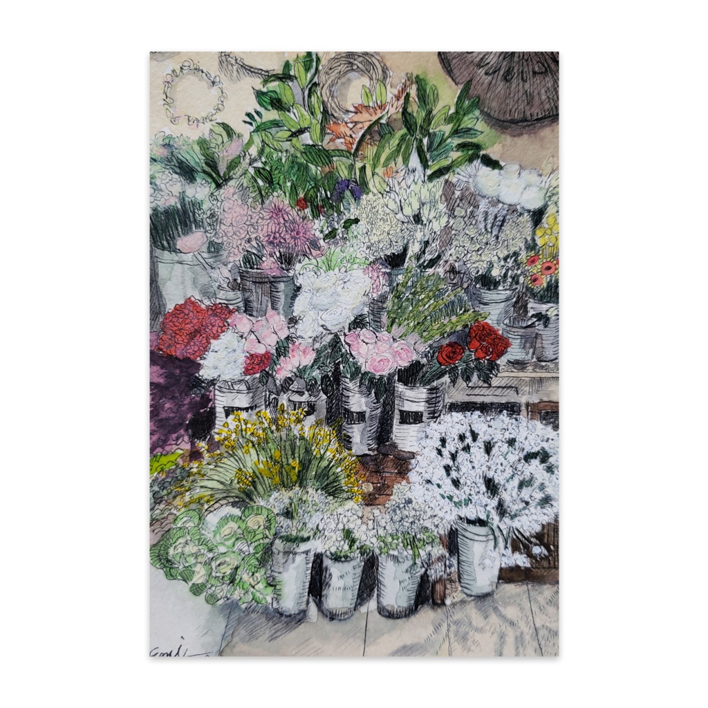 フランスの花屋さん　水彩画
