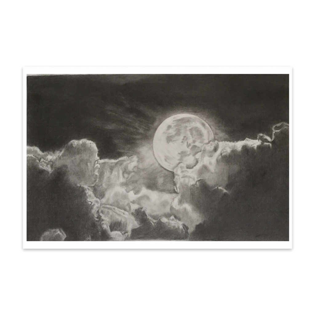 月が雲に反射して  鉛筆画 ポストカード