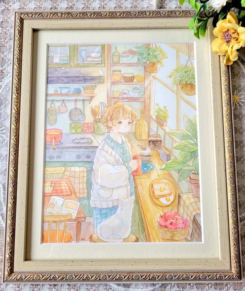 額装作品『朝いちばんの珈琲』