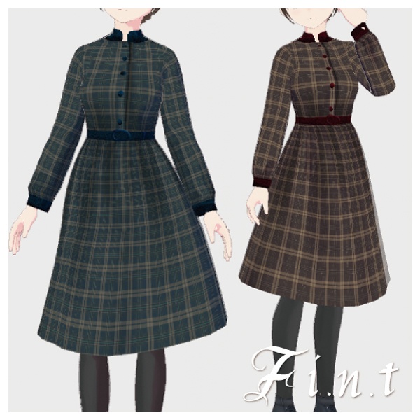 【VRoid正式版】 2色セット 別珍使いエポレットディテールチェックワンピース