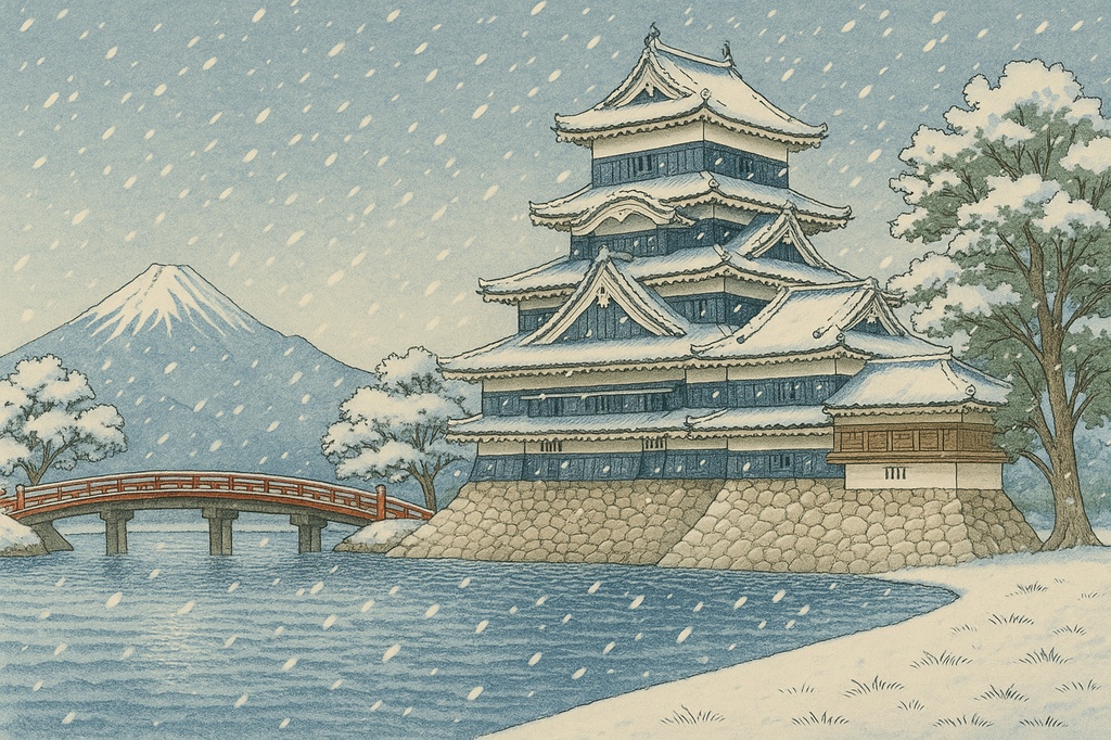 【電子版】松本城|冬・日中バージョン〈浮世絵風・高解像度AI画像〉