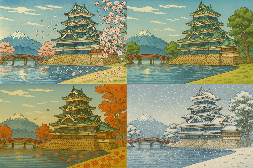 【電子版】松本城|四季セット・日中バージョン〈浮世絵風・高解像度AI画像4枚〉
