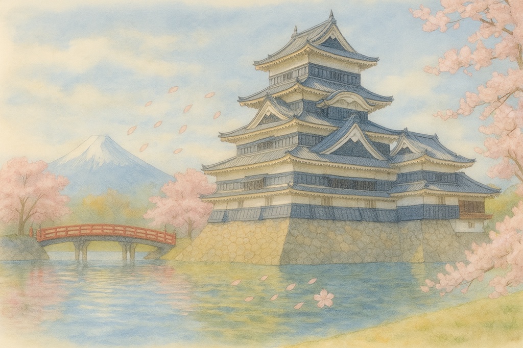 【電子版】松本城|春・日中バージョン〈水彩画風・高解像度AI画像〉