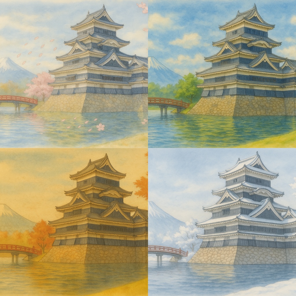 【電子版】松本城｜四季セット・日中バージョン〈水彩画風・高解像度AI画像〉