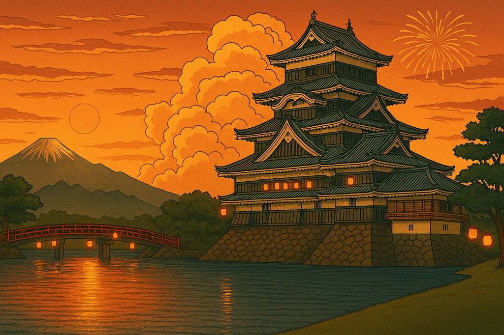 【電子版】松本城|四季セット・夕景バージョン〈浮世絵風・高解像度AI画像4枚〉