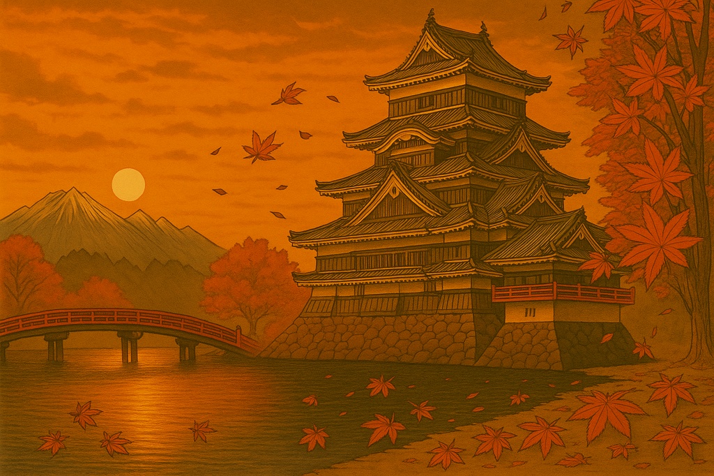 【電子版】松本城|四季セット・夕景バージョン〈浮世絵風・高解像度AI画像4枚〉