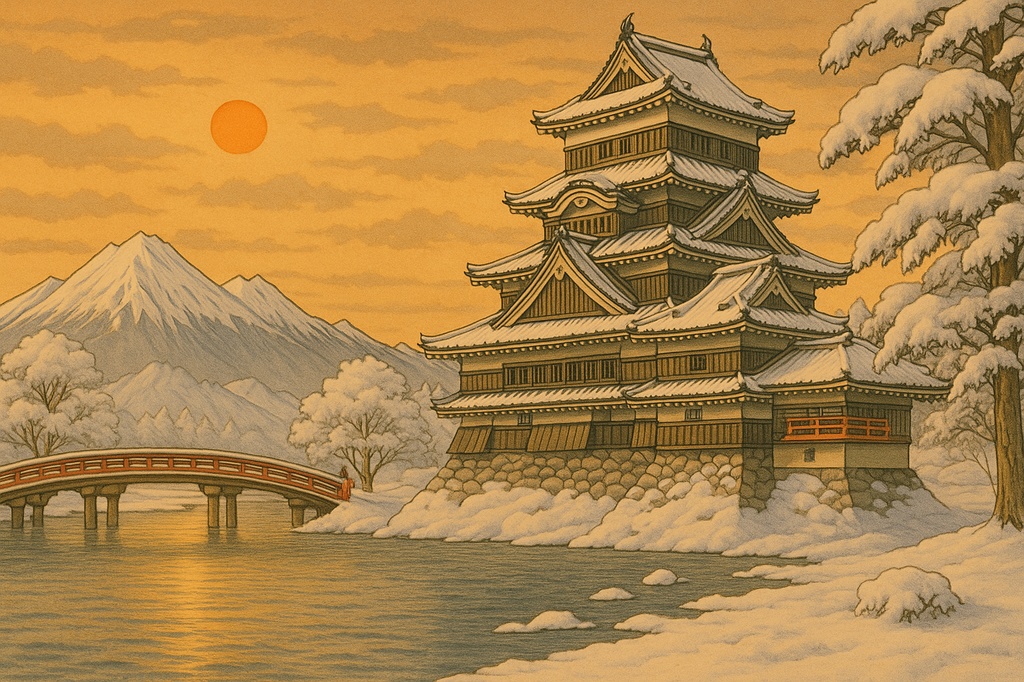 【電子版】松本城|四季セット・夕景バージョン〈浮世絵風・高解像度AI画像4枚〉