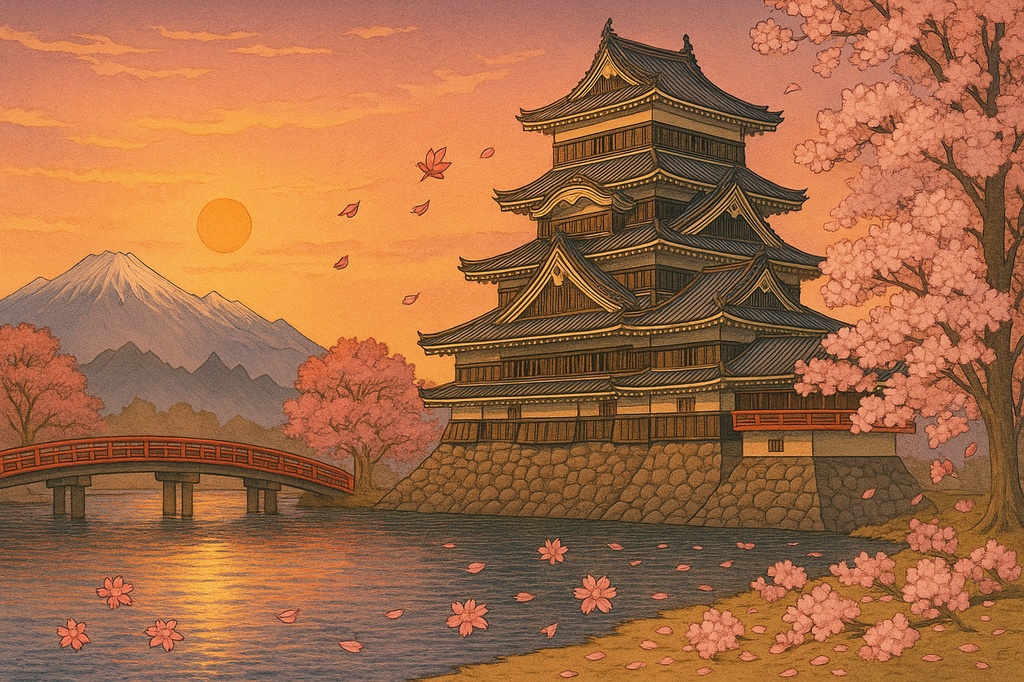 【電子版】松本城|四季セット・夕景バージョン〈浮世絵風・高解像度AI画像4枚〉