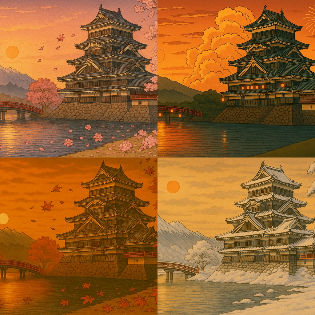 【電子版】松本城｜四季セット・夕景バージョン〈浮世絵風・高解像度AI画像4枚〉