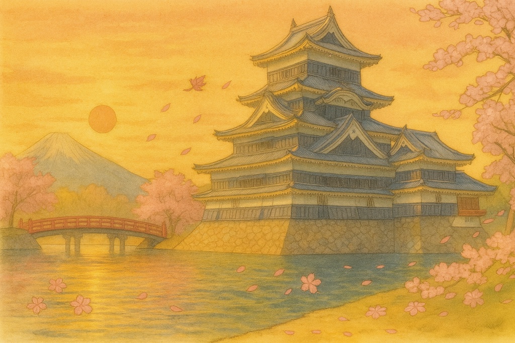 【電子版】松本城|春・夕景バージョン〈水彩画風・高解像度AI画像〉