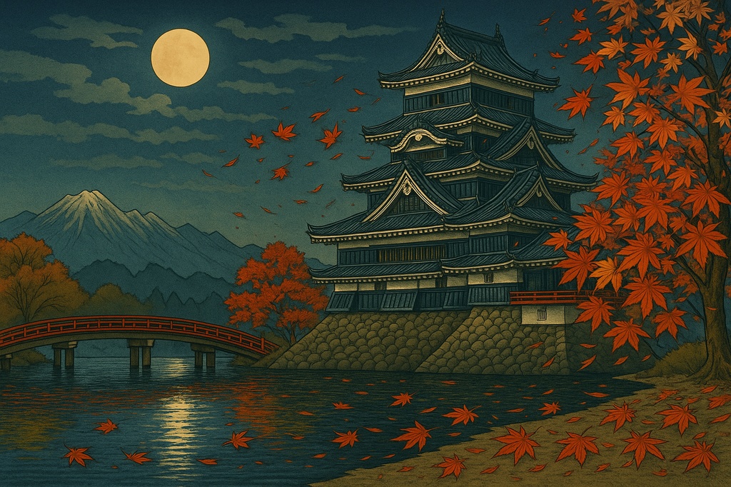 【電子版】松本城|四季セット・夜景バージョン〈浮世絵風・高解像度AI画像4枚〉