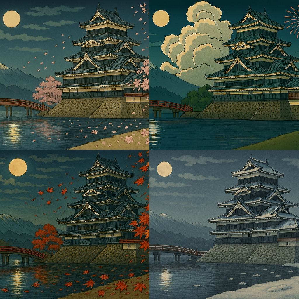 【電子版】松本城｜四季セット・夜景バージョン〈浮世絵風・高解像度AI画像4枚〉