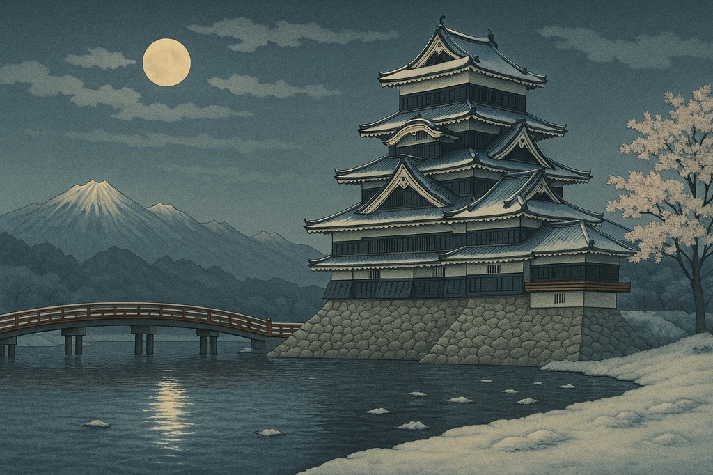 【電子版】松本城|四季セット・夜景バージョン〈浮世絵風・高解像度AI画像4枚〉