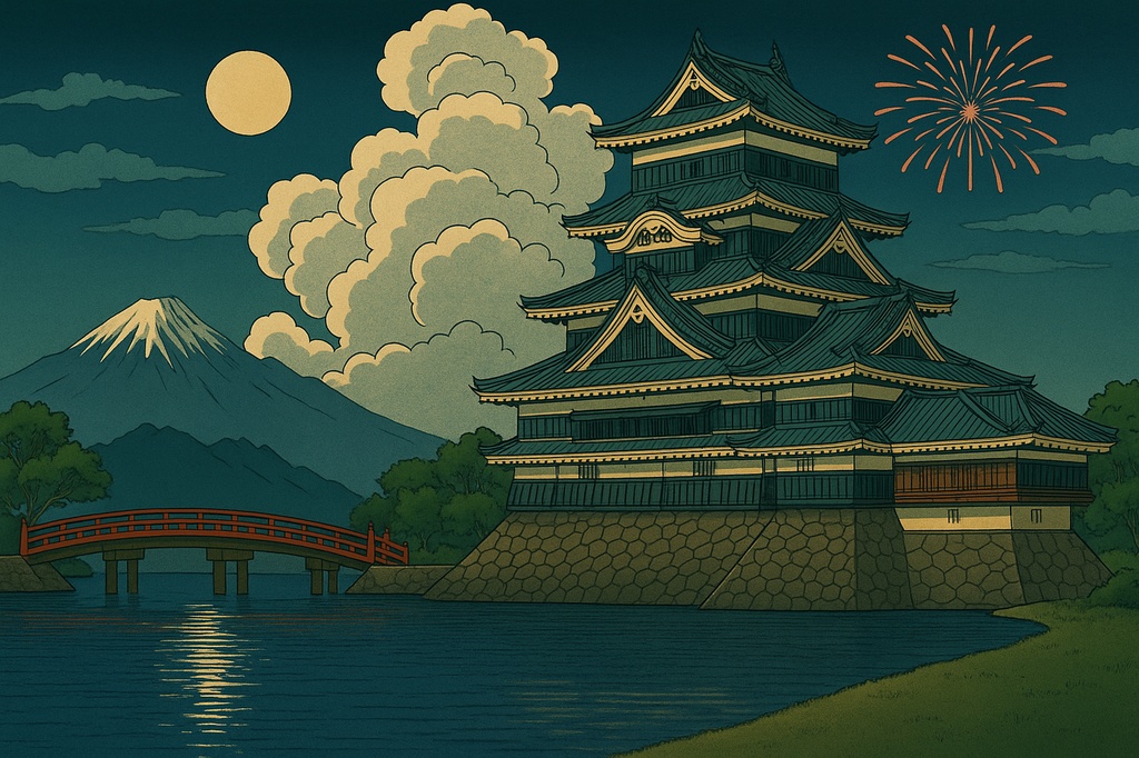 【電子版】松本城|四季セット・夜景バージョン〈浮世絵風・高解像度AI画像4枚〉