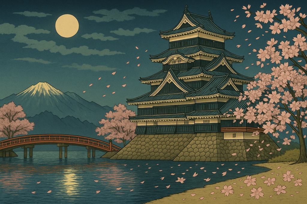 【電子版】松本城|四季セット・夜景バージョン〈浮世絵風・高解像度AI画像4枚〉