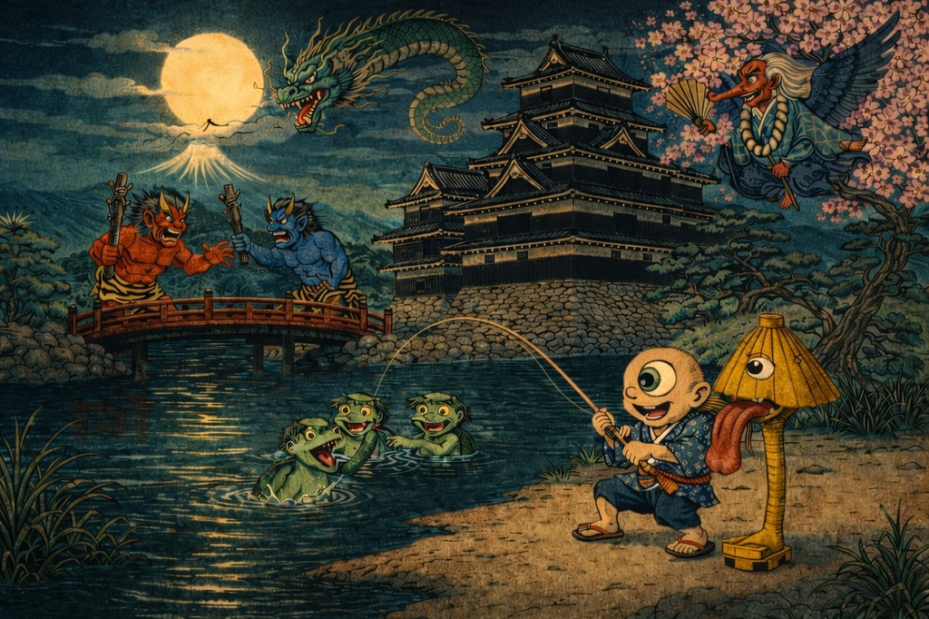 【電子版】松本城|春・夜景・妖怪バージョン〈浮世絵風・高解像度AI画像〉