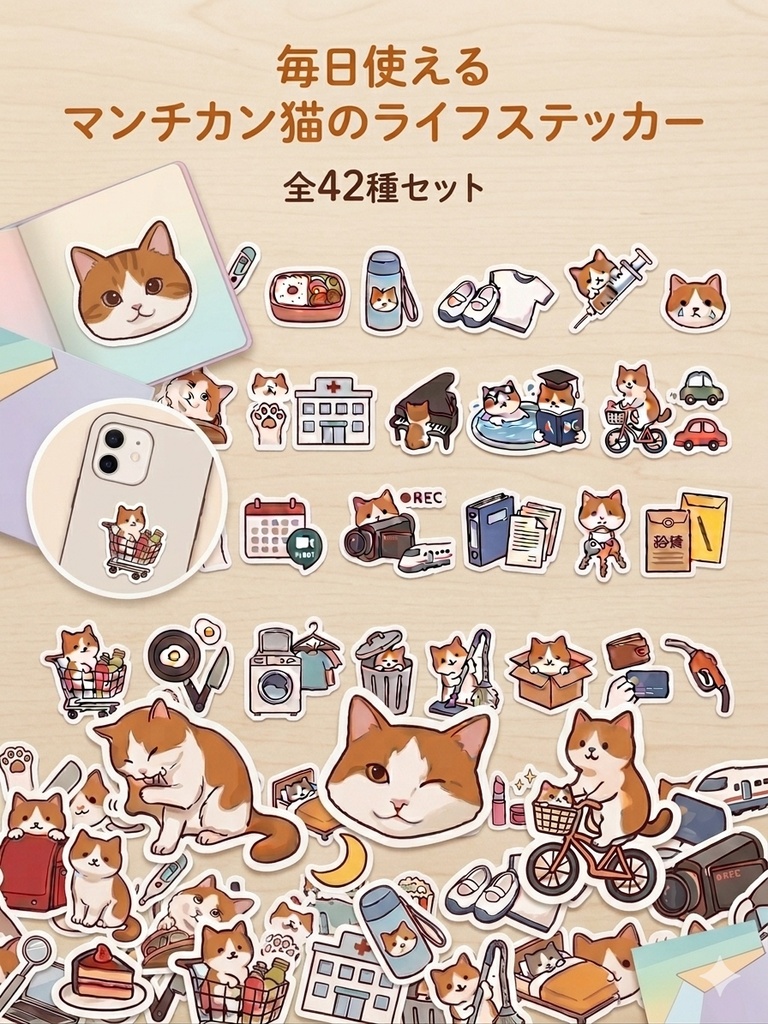 毎日をかわいく彩る♪マンチカン猫のライフステッカー（全42種）