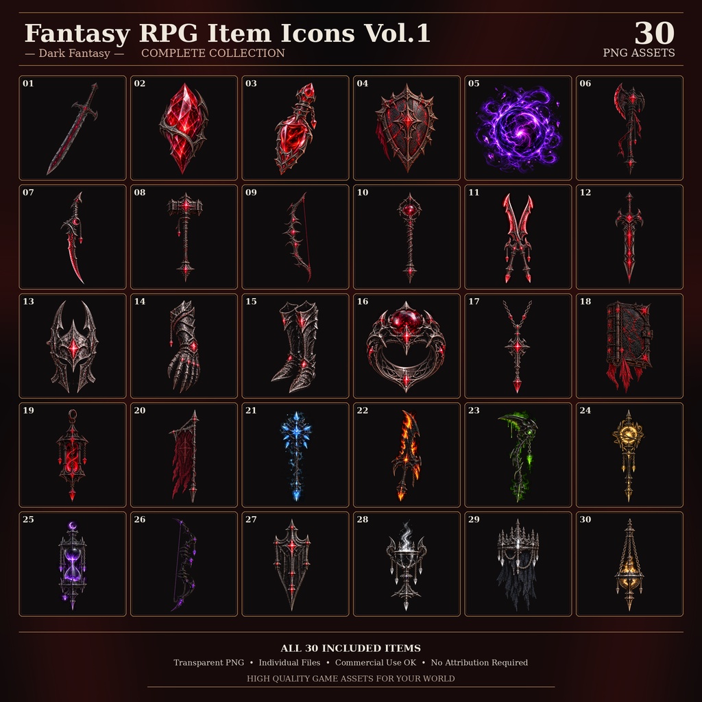 【商用利用OK】Fantasy RPG Item Icons Vol.1|ダークファンタジーRPG素材 30種・150PNG