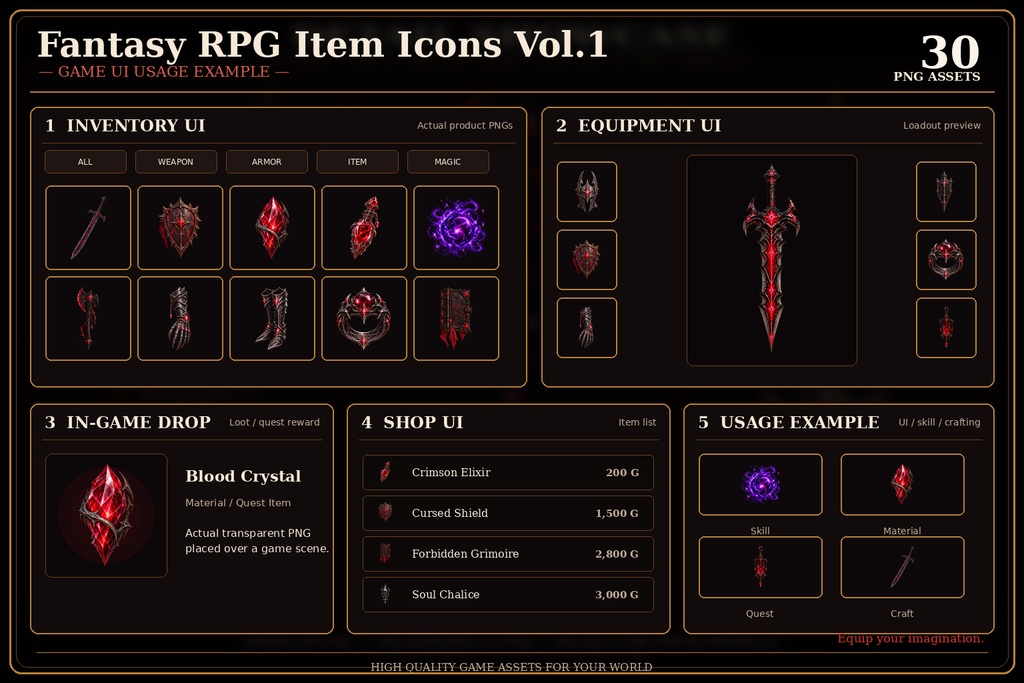 【商用利用OK】Fantasy RPG Item Icons Vol.1|ダークファンタジーRPG素材 30種・150PNG