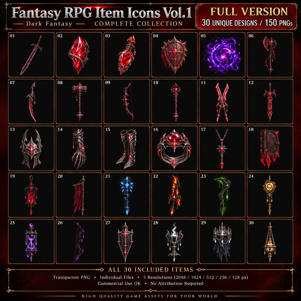 【無料・商用利用OK】Fantasy RPG Item Icons|ダークファンタジーRPG素材 5種・25PNG