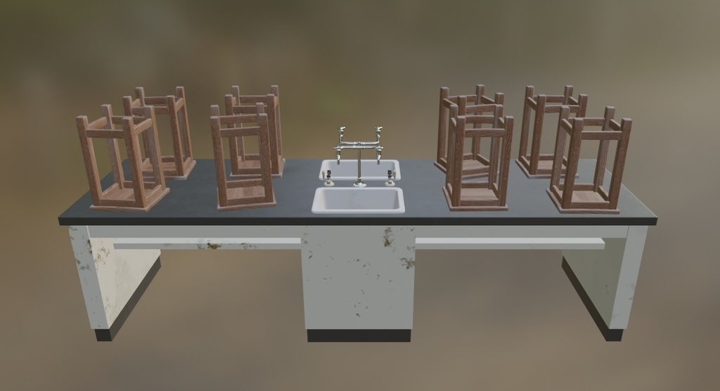 【ローポリ】理科室 実験台A(椅子付き)