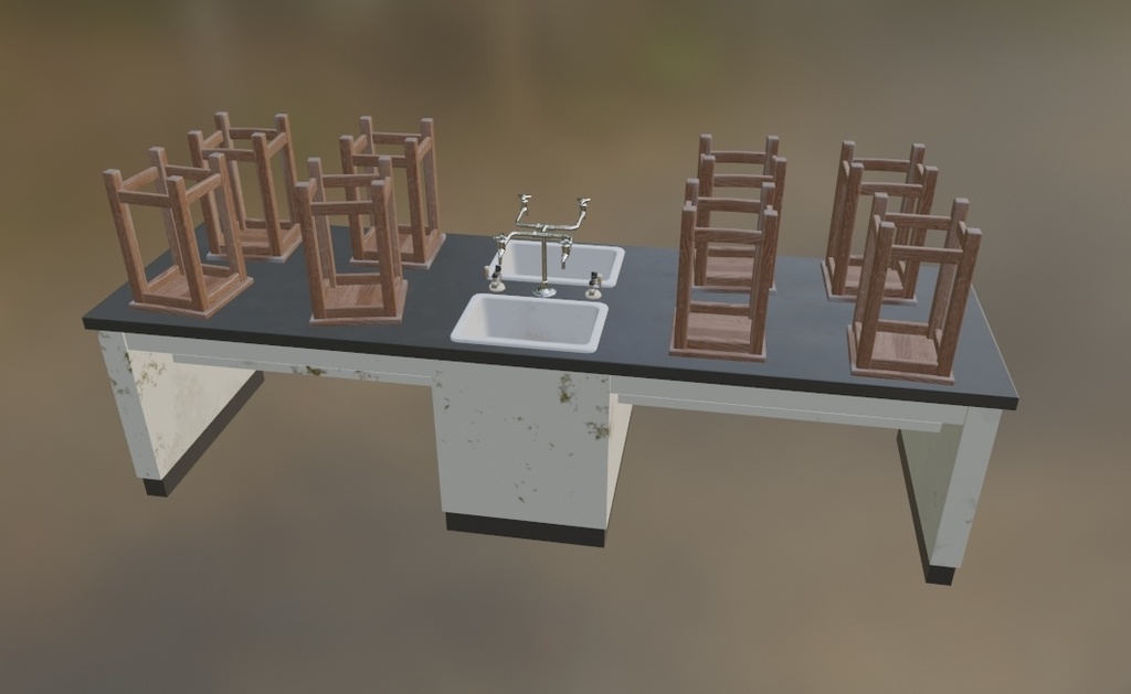 【ローポリ】理科室 実験台A(椅子付き)