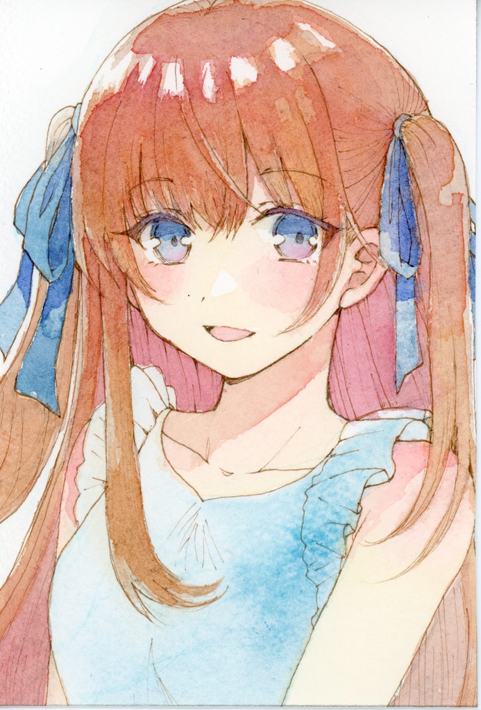 【水彩画】オリジナル　青色リボン　イラスト