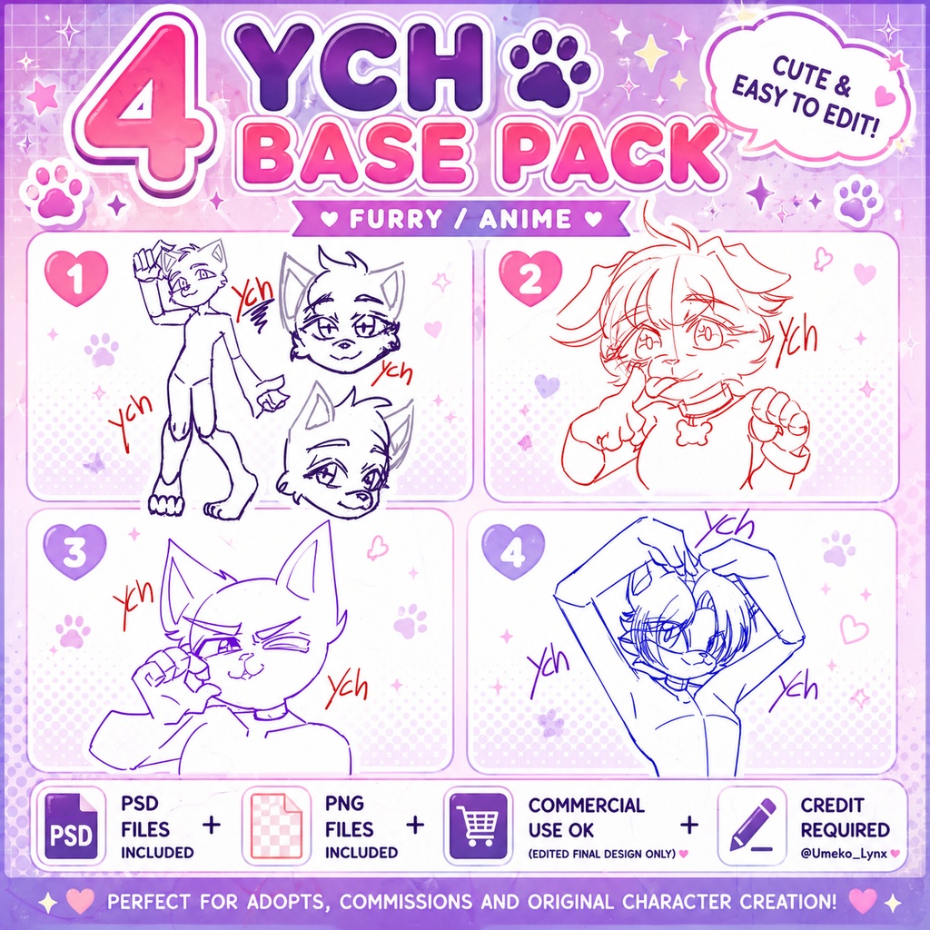 ケモノ・アニメYCHベース4種セット | Furry/Anime YCH Base Pack (4 Poses)