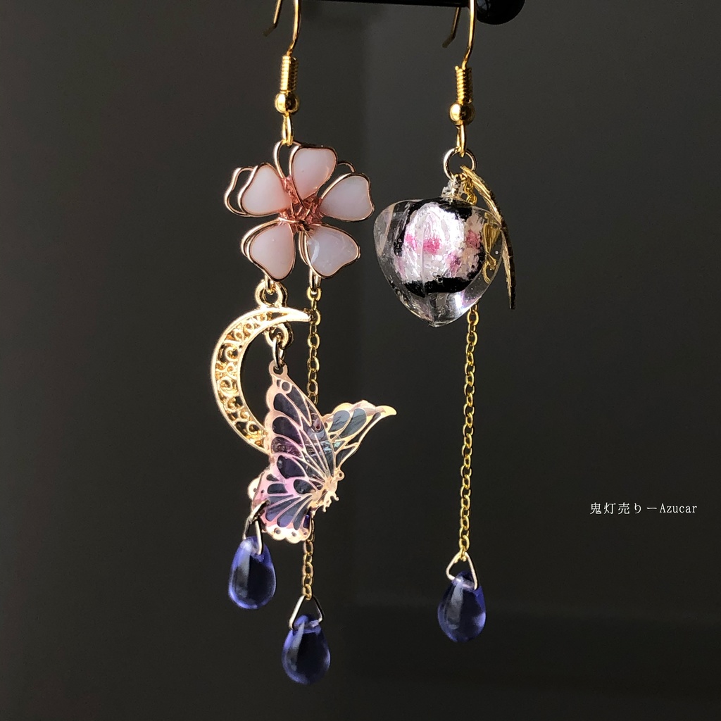 handmade ♡ 蝶舞う月夜に桜にゃんこのピアス - アクセサリー(女性用)