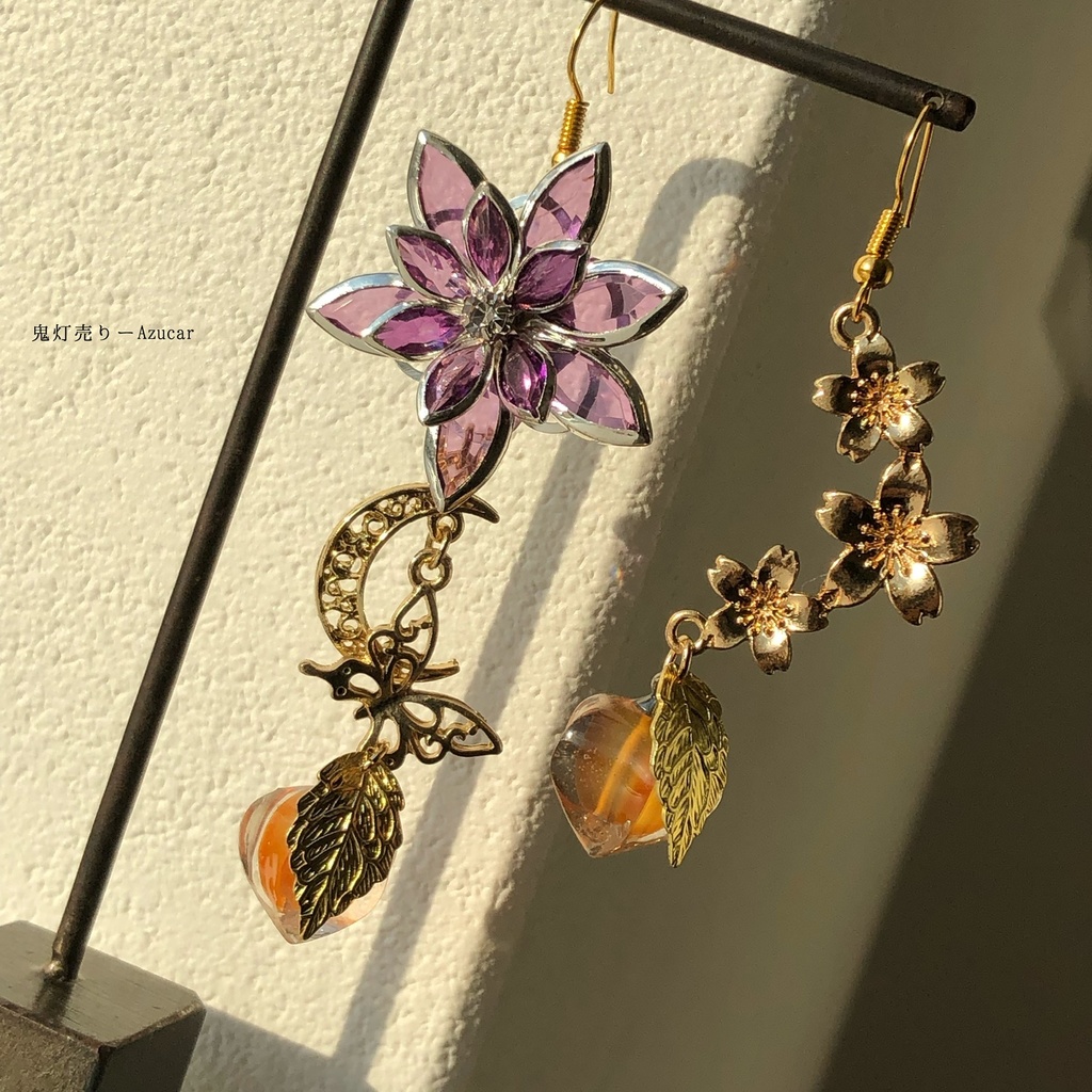 紫蓮と鬼灯　桜と月と蝶々　和装小物　ピアス　イヤリング　天然石