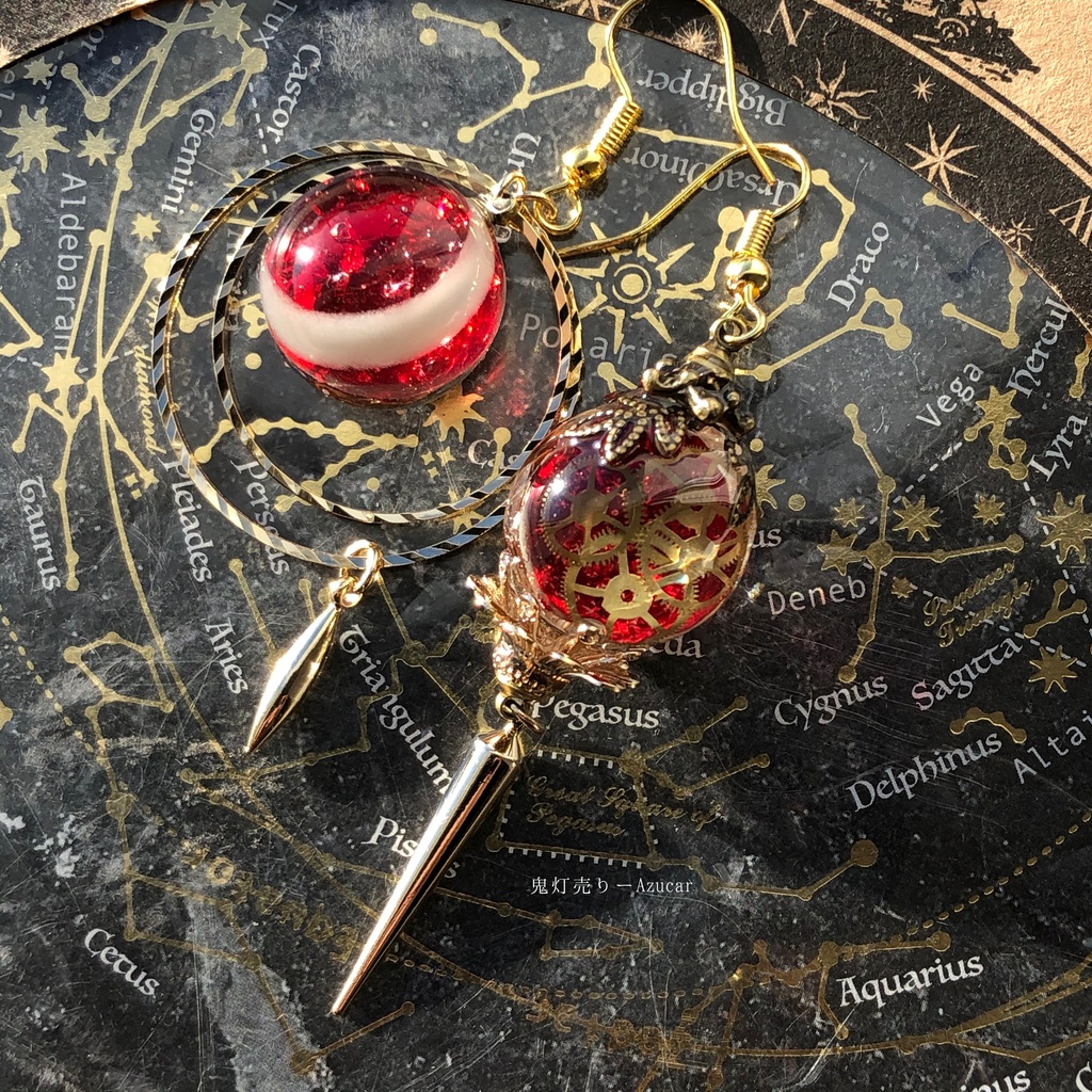 三日月サンセット 機械の国の夜 夕日 オルゴナイト 天球儀 スチームパンク ランタン ピアス イヤリング