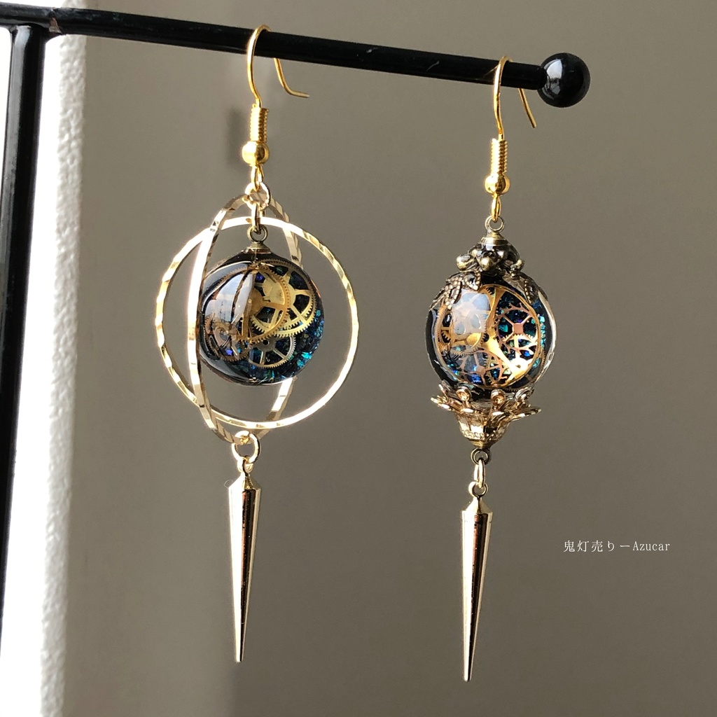 時計の国の夜 オルゴナイト スチームパンク 天球儀 歯車 ランタン ピアス イヤリング