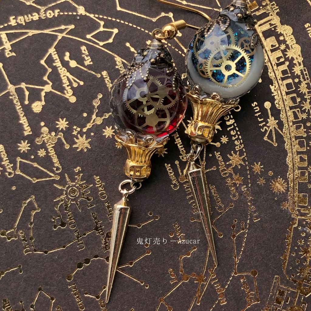 夜空と夕焼けを動かす歯車時計 オルゴナイト ランタン スチームパンク 蓄光 ピアス イヤリング メンズにも。