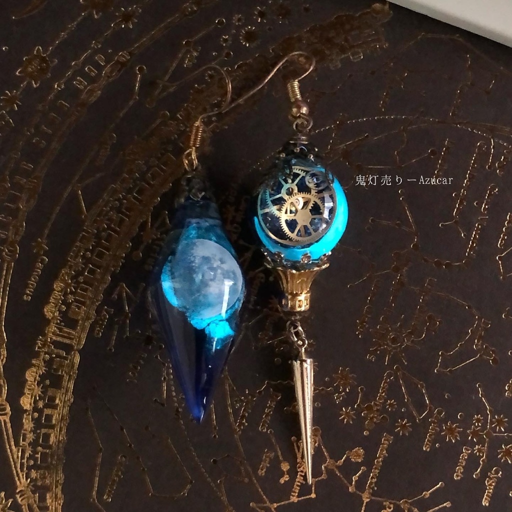 三日月動かす歯車ランタン オルゴナイト 蓄光 スチームパンク ネックレス
