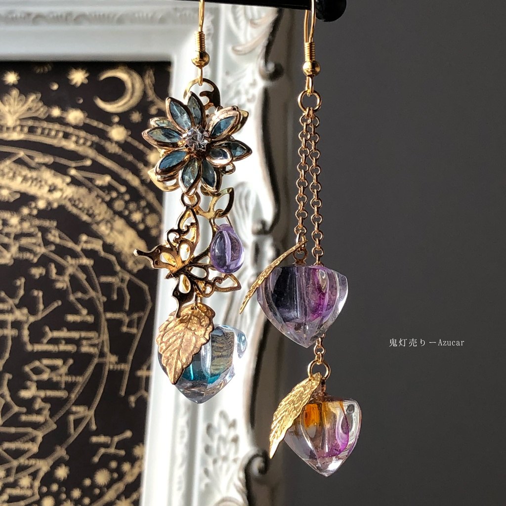 私の可愛い鬼灯と蝶々 レジン鬼灯と蓮 ピアス イヤリング Azucar Booth