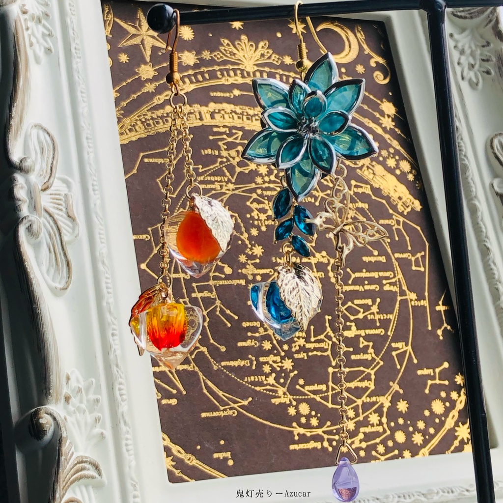 ゆらゆら鬼灯の蒼蓮と蝶々、色変化雫付きの和風ピアス イヤリング★ 和装小物 着物や浴衣 袴 普段使いにも。