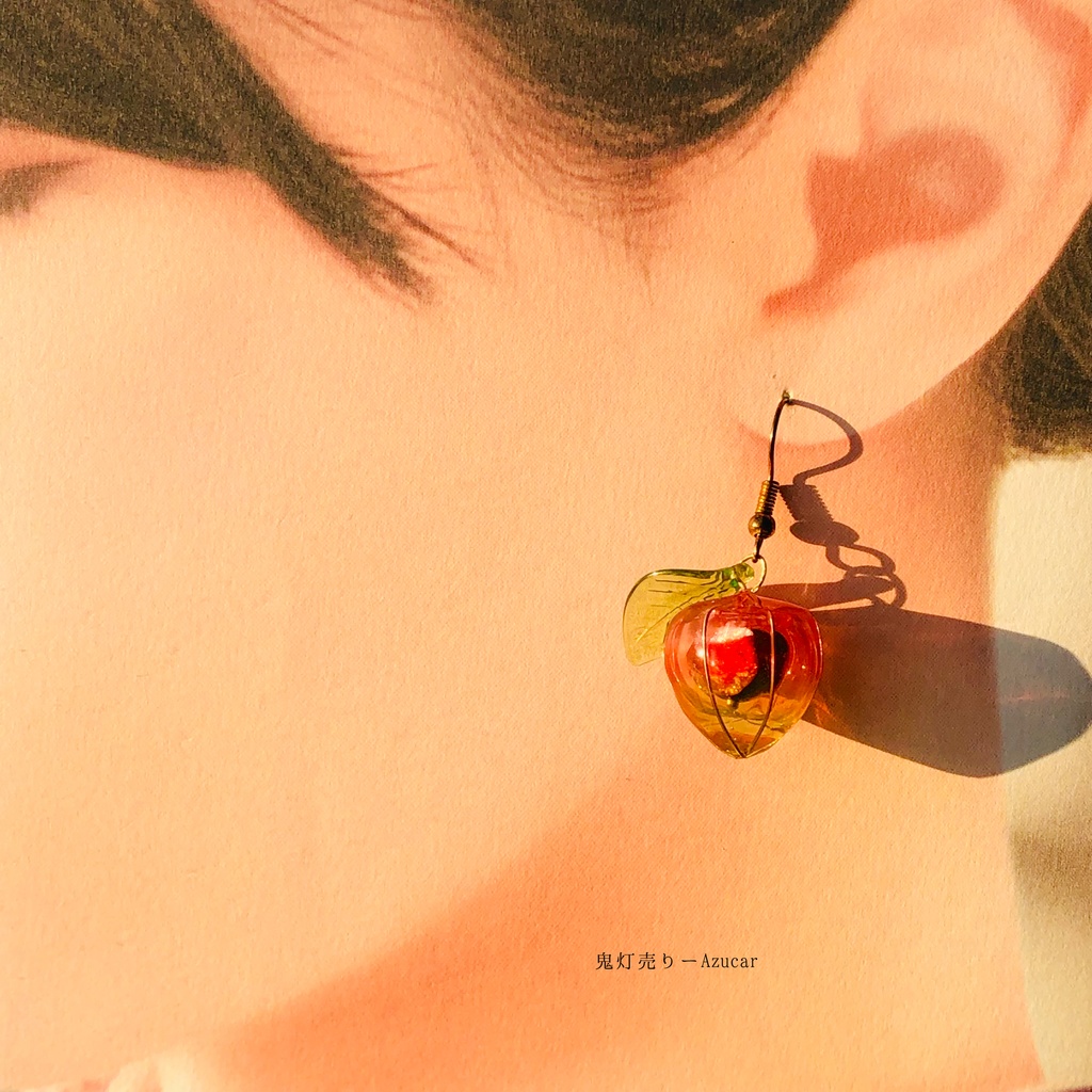 紅オレンジ蓄光鬼灯と氷グラデーション鬼灯の和風ピアス イヤリング