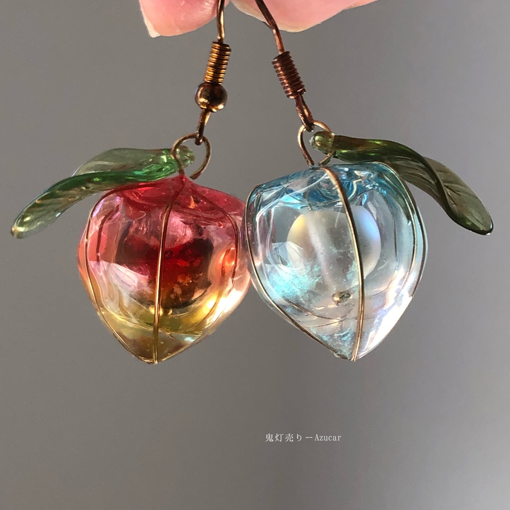 紅オレンジ蓄光鬼灯と氷グラデーション鬼灯の和風ピアス イヤリング